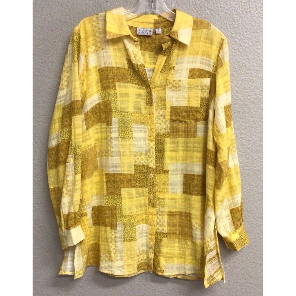 Joan Rivers Blouse Womens Yellow Patchwork Button Up Resort Tunic Size Small